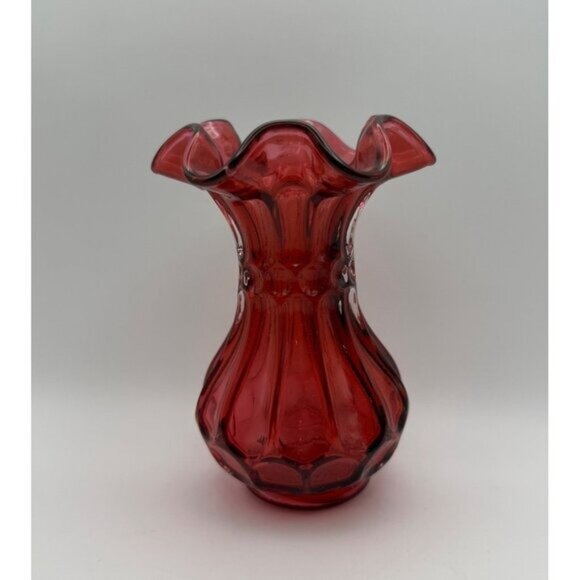 Vintage Fenton Country Cranberry Dot And Flute Ruffled Edge Vase 5in Tall - Picture 3 of 7
